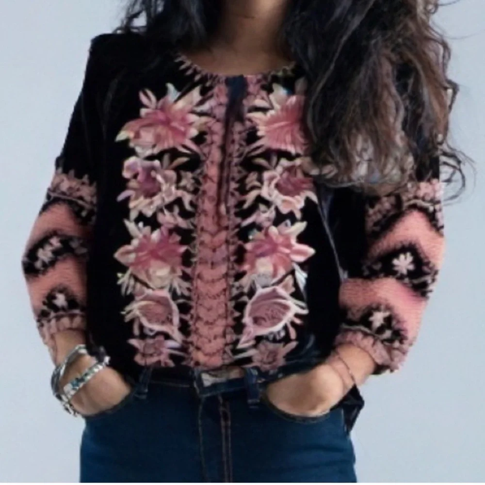 Johnny Was Elim Floral Embroidered Velvet Peasant Top 3/4 Sleeves NWT - Picture 2 of 8